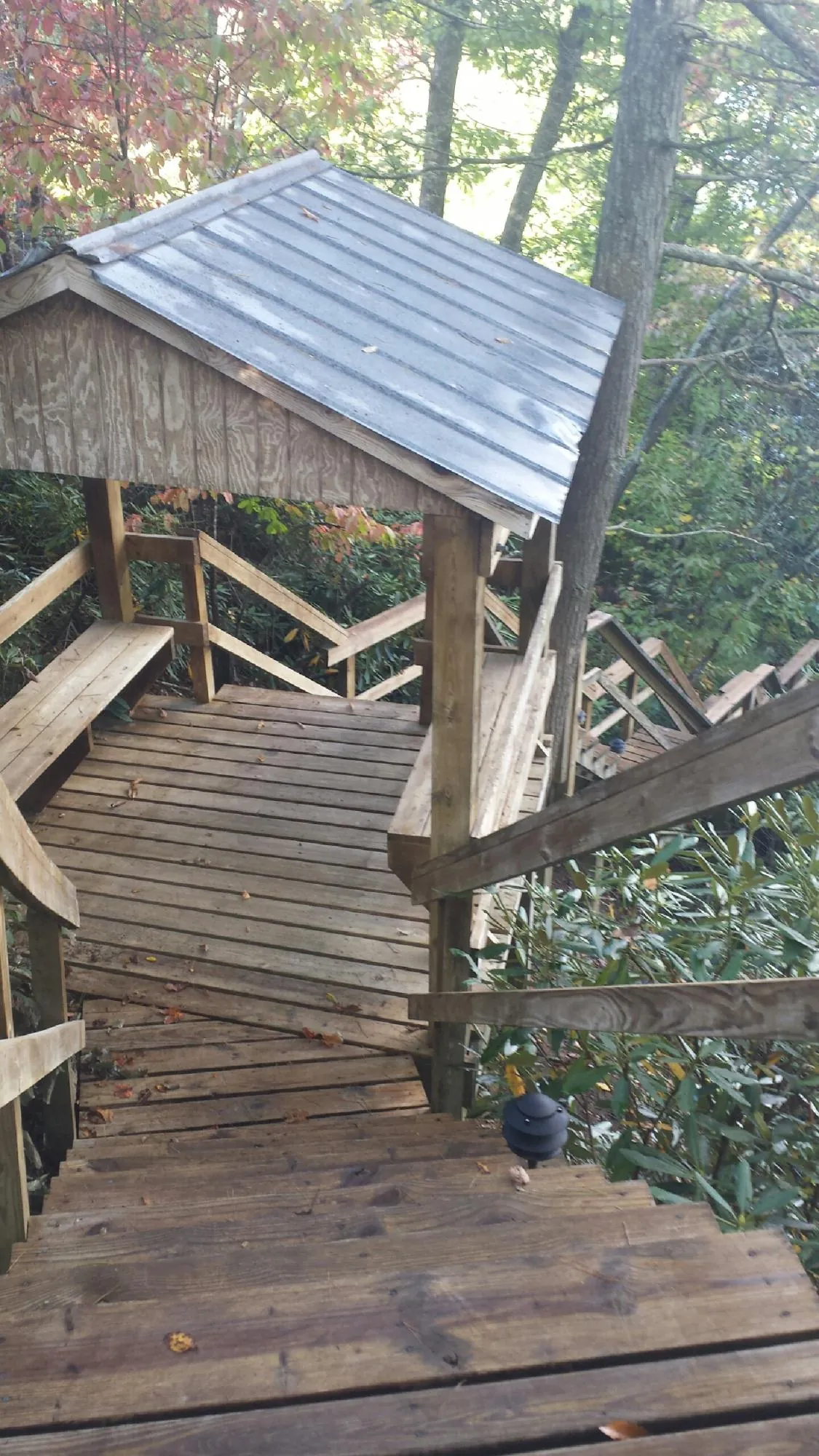 Metal roofed shelter over wooden steps on a wooded walkway — Skylight Repair & Installation work by our crew in Hohenwald